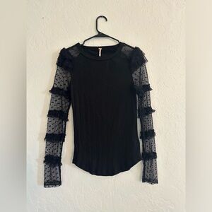 Free people black soft sheer lace sleeves blouse tee shirt nwot